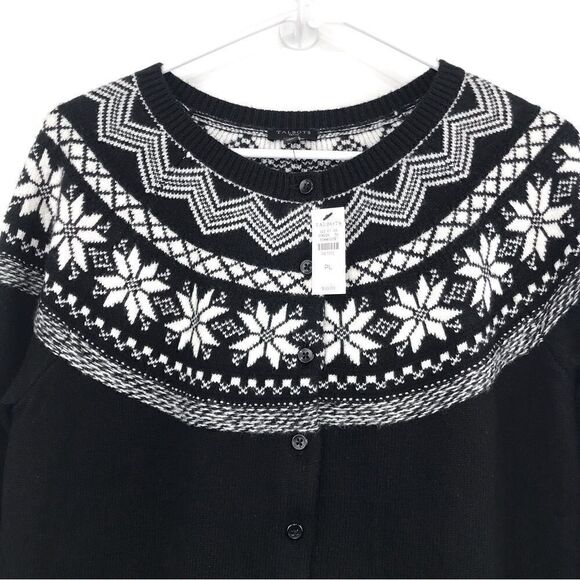 Talbots NEW Black Cardigan Sweater with White Nordic Snowflake Pattern - Picture 2 of 11